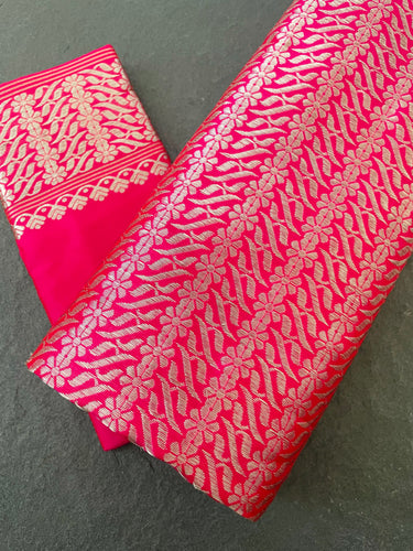 Assam Pat Mulberry Silk Saree | Bright Pink | Silver Zari | Handwoven | Silk Mark Certified | Ships from California